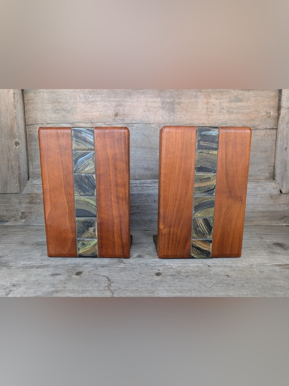 MCM Gordon & Jane Martz Marshall Studios Walnut Ceramic Tile Bookends Pair